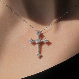 Victorian Cross Pendant | Moissanite in Platinum-Plated Sterling Silver